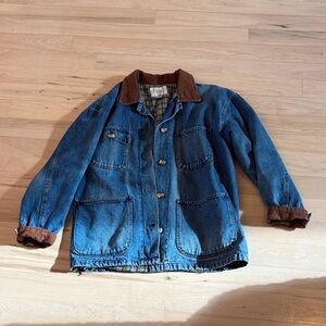 Vintage-80s-Denim Jean Chore Barn Workwear Jacket-Read-Corduroy Collar-Cuffs